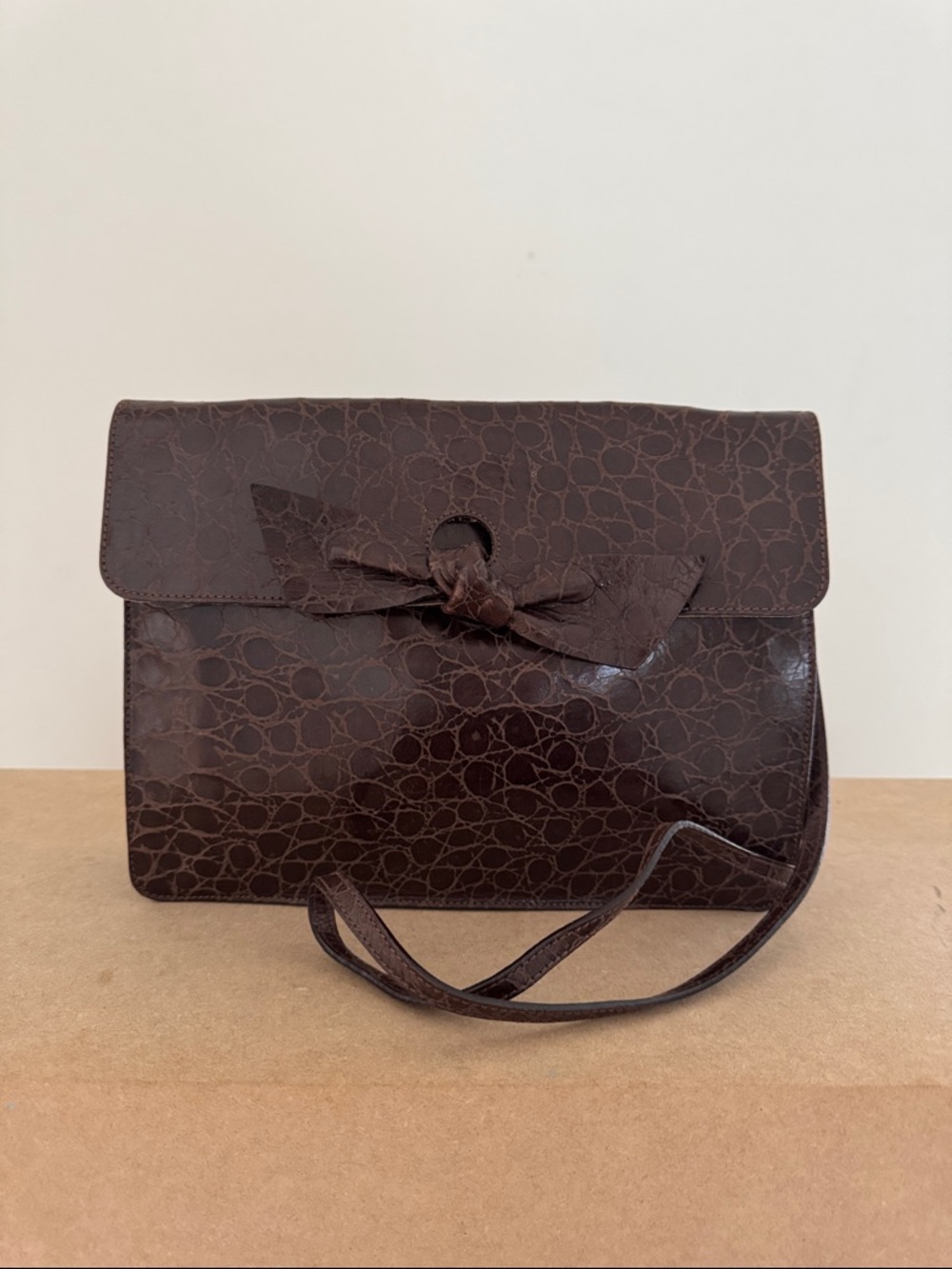 VINTAGE FURLA Brown Croc-Embossed Leather Bow Crossbody Bag | Made in Italy